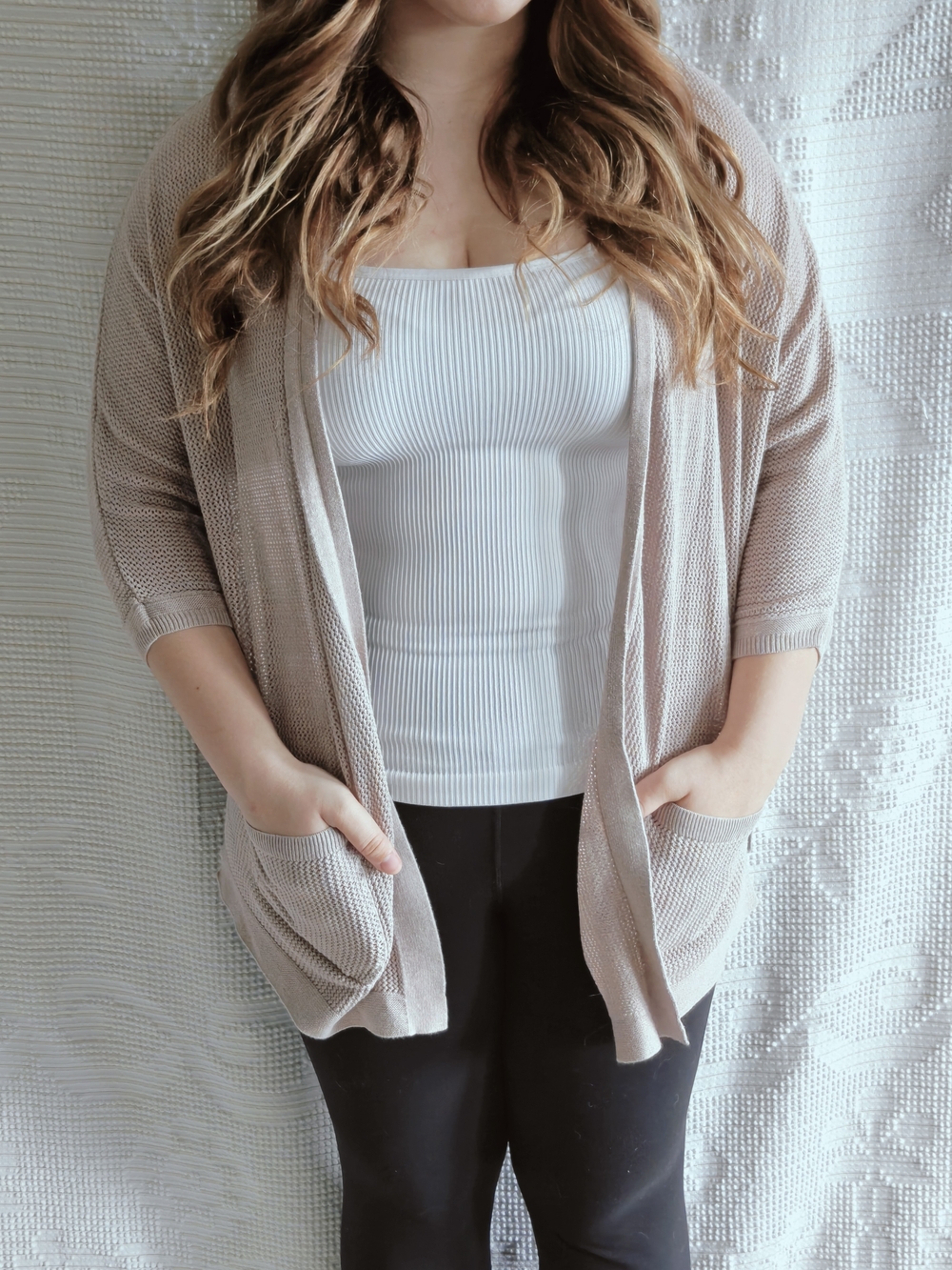 Old Navy Oatmeal Fine Waffle Knit Batwing Open Front Cardigan Sweater | Size L